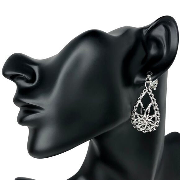 Silver Flower Teardrop Clip-On Earrings - Picture 2 of 3